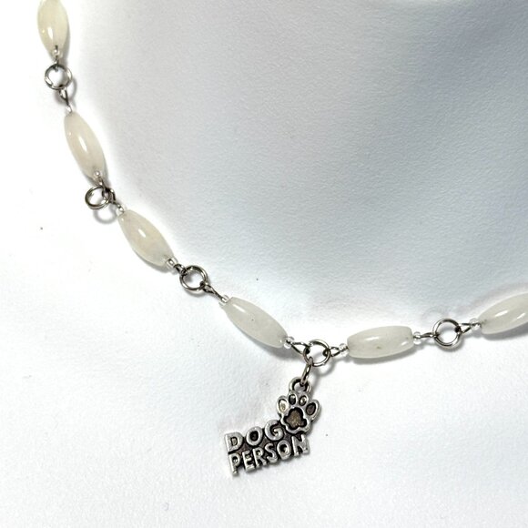 Genuine Milky Quartz Short Necklace, Gemstone w/ Dog Person Paw Print Pendant - Picture 1 of 15